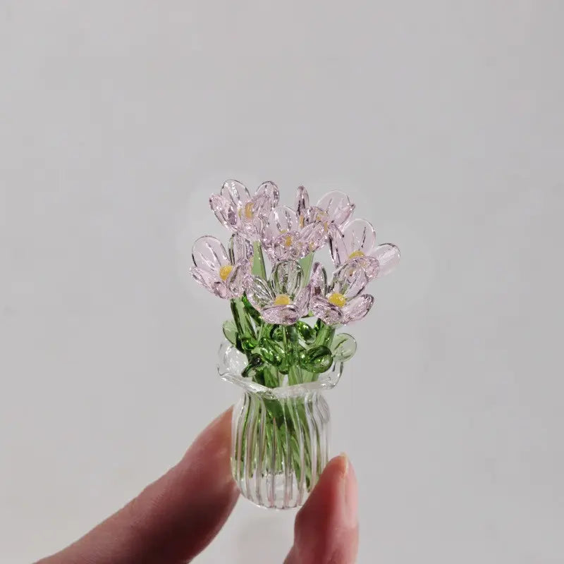 1 Set (8 Flowers + 1 Vase) Handcrafted Mini Glass Artificial Flower Ornaments, DIY Faux Flower Arrangement Bouquet, Decorative Mixed Flower Set for Gifting and Event Decorations, Faux Floral Decor, Artificial Flower Bouquets
