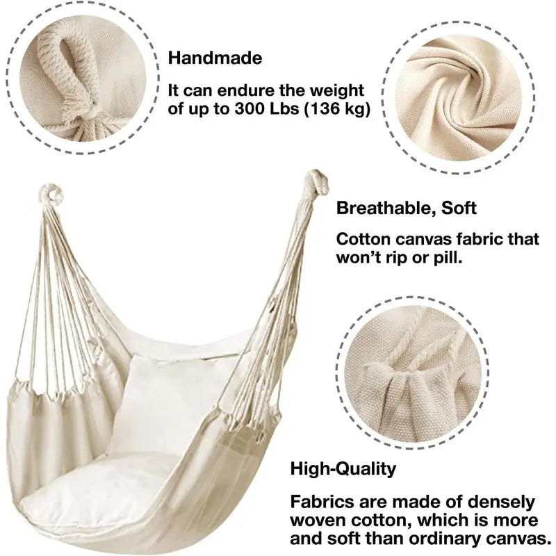 Hammock Chair Hanging Rope Swing, Max 300 Lbs, Quality Cotton Weave, Suitable for Indoor & Outdoor Use, Perfect for Home, Bedroom & Yard - Minimal
