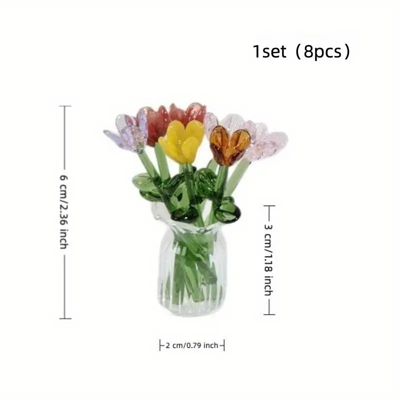 1 Set (8 Flowers + 1 Vase) Handcrafted Mini Glass Artificial Flower Ornaments, DIY Faux Flower Arrangement Bouquet, Decorative Mixed Flower Set for Gifting and Event Decorations, Faux Floral Decor, Artificial Flower Bouquets