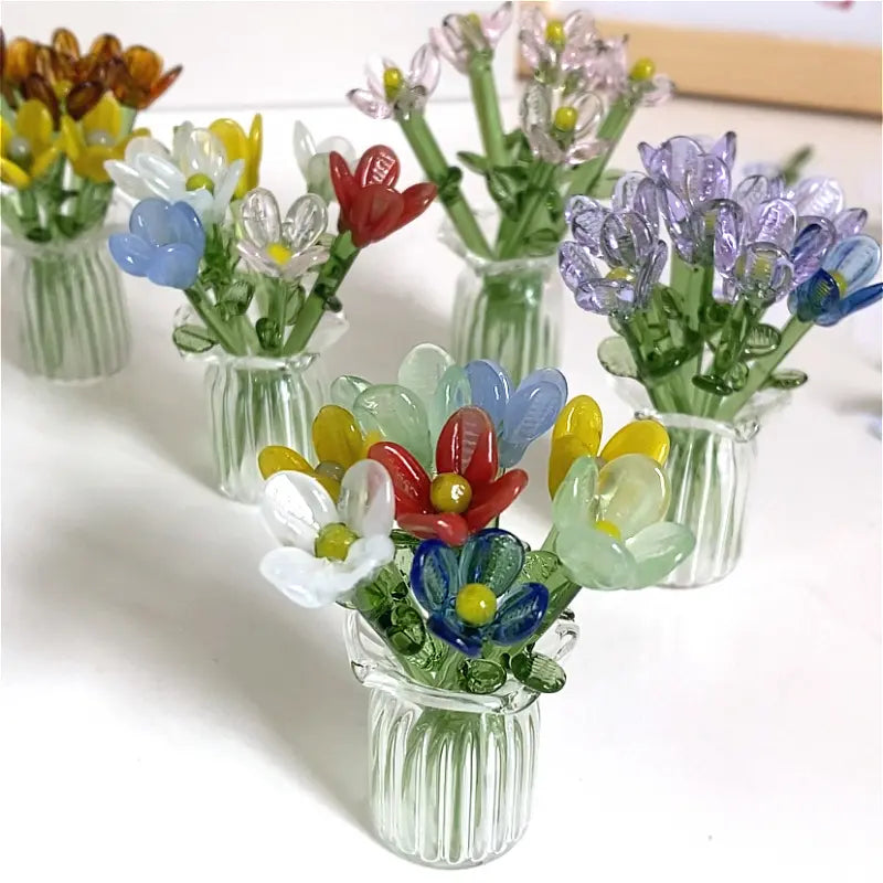 1 Set (8 Flowers + 1 Vase) Handcrafted Mini Glass Artificial Flower Ornaments, DIY Faux Flower Arrangement Bouquet, Decorative Mixed Flower Set for Gifting and Event Decorations, Faux Floral Decor, Artificial Flower Bouquets