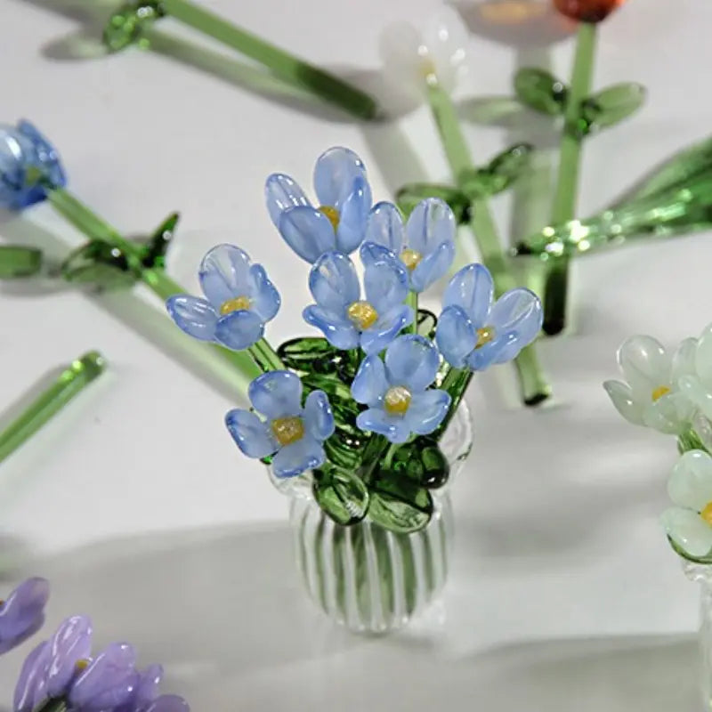 1 Set (8 Flowers + 1 Vase) Handcrafted Mini Glass Artificial Flower Ornaments, DIY Faux Flower Arrangement Bouquet, Decorative Mixed Flower Set for Gifting and Event Decorations, Faux Floral Decor, Artificial Flower Bouquets