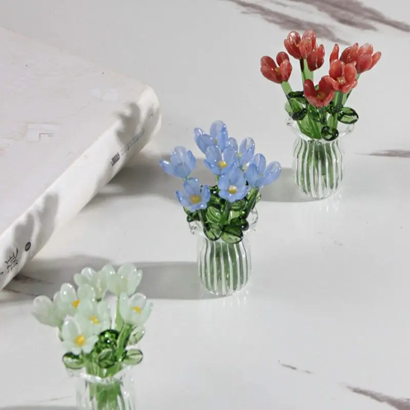 1 Set (8 Flowers + 1 Vase) Handcrafted Mini Glass Artificial Flower Ornaments, DIY Faux Flower Arrangement Bouquet, Decorative Mixed Flower Set for Gifting and Event Decorations, Faux Floral Decor, Artificial Flower Bouquets