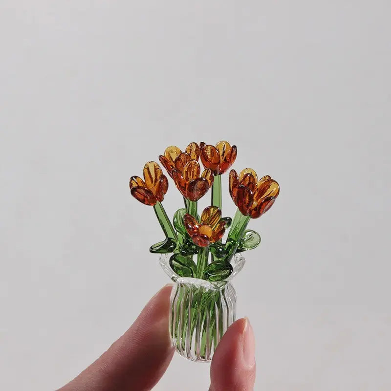 1 Set (8 Flowers + 1 Vase) Handcrafted Mini Glass Artificial Flower Ornaments, DIY Faux Flower Arrangement Bouquet, Decorative Mixed Flower Set for Gifting and Event Decorations, Faux Floral Decor, Artificial Flower Bouquets