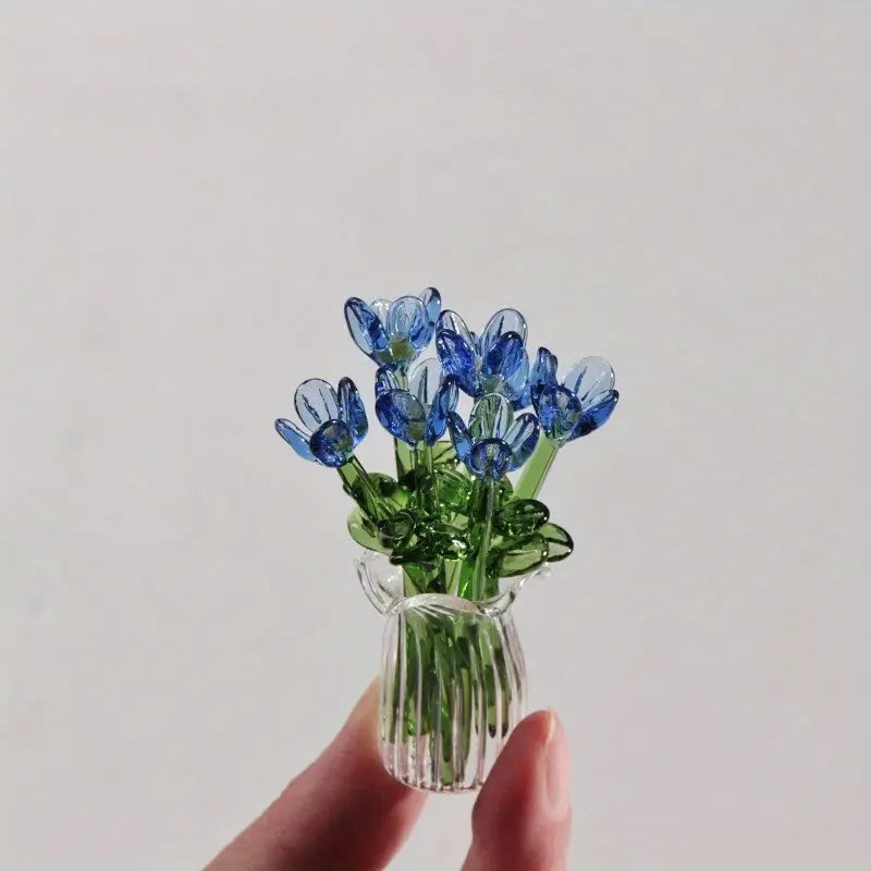 1 Set (8 Flowers + 1 Vase) Handcrafted Mini Glass Artificial Flower Ornaments, DIY Faux Flower Arrangement Bouquet, Decorative Mixed Flower Set for Gifting and Event Decorations, Faux Floral Decor, Artificial Flower Bouquets