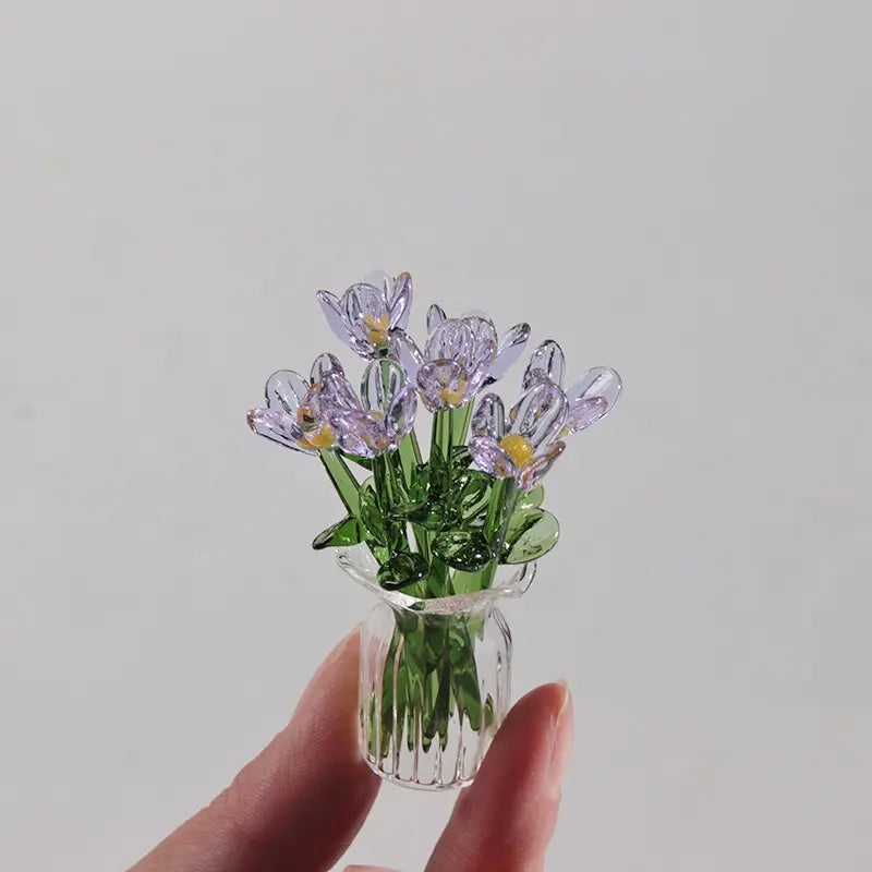 1 Set (8 Flowers + 1 Vase) Handcrafted Mini Glass Artificial Flower Ornaments, DIY Faux Flower Arrangement Bouquet, Decorative Mixed Flower Set for Gifting and Event Decorations, Faux Floral Decor, Artificial Flower Bouquets