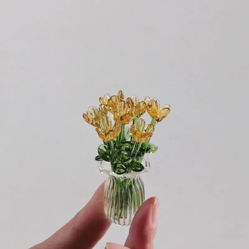 1 Set (8 Flowers + 1 Vase) Handcrafted Mini Glass Artificial Flower Ornaments, DIY Faux Flower Arrangement Bouquet, Decorative Mixed Flower Set for Gifting and Event Decorations, Faux Floral Decor, Artificial Flower Bouquets